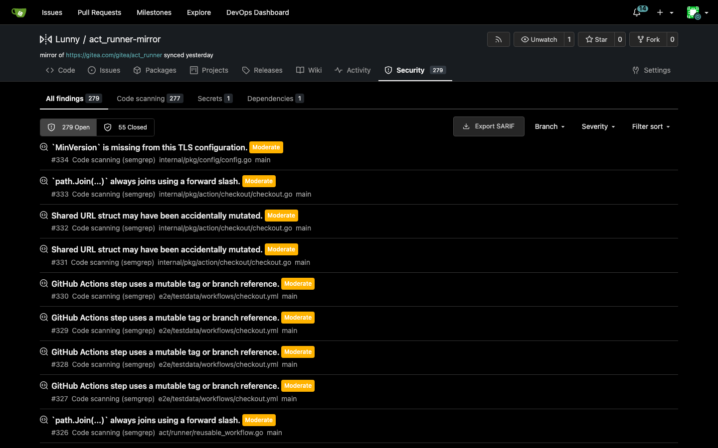 Code scanning findings from Semgrep and gosec