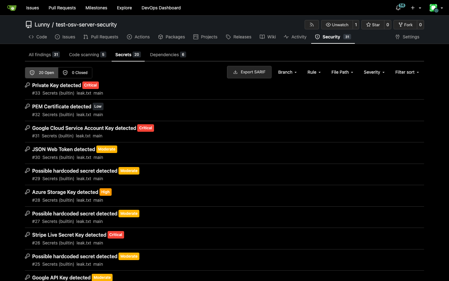 Secret scanning findings on the repository security page